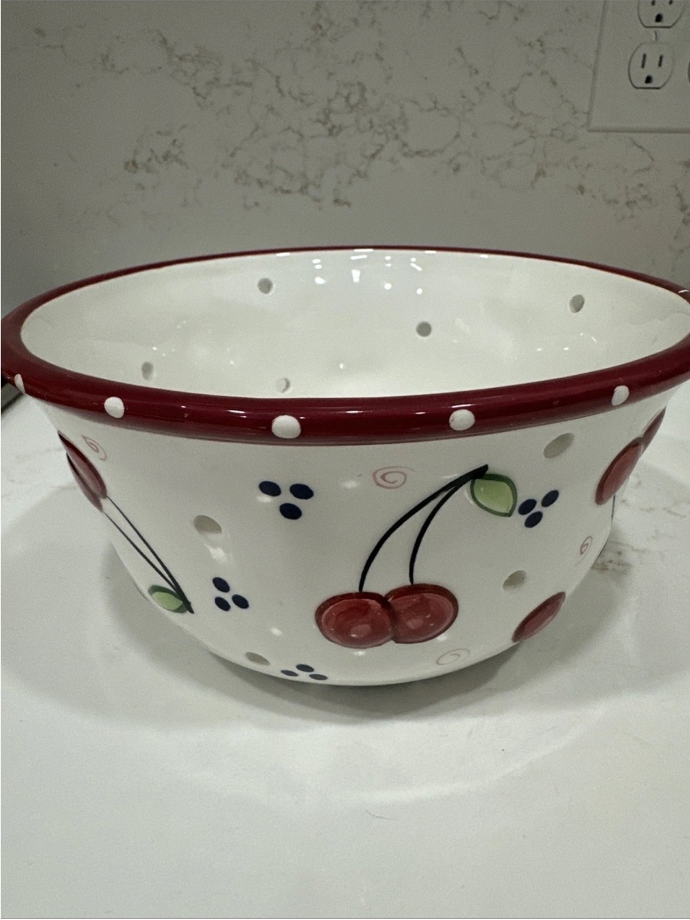 Vintage Bella Casa By Ganz Ceramic Cherry Strainer Colander White Red 7"